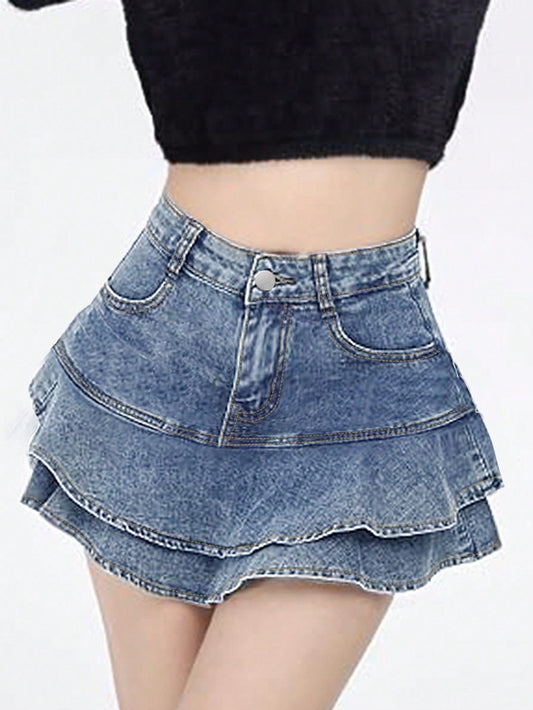 Dame Denim Skirt med svingende lagdesign Stilla