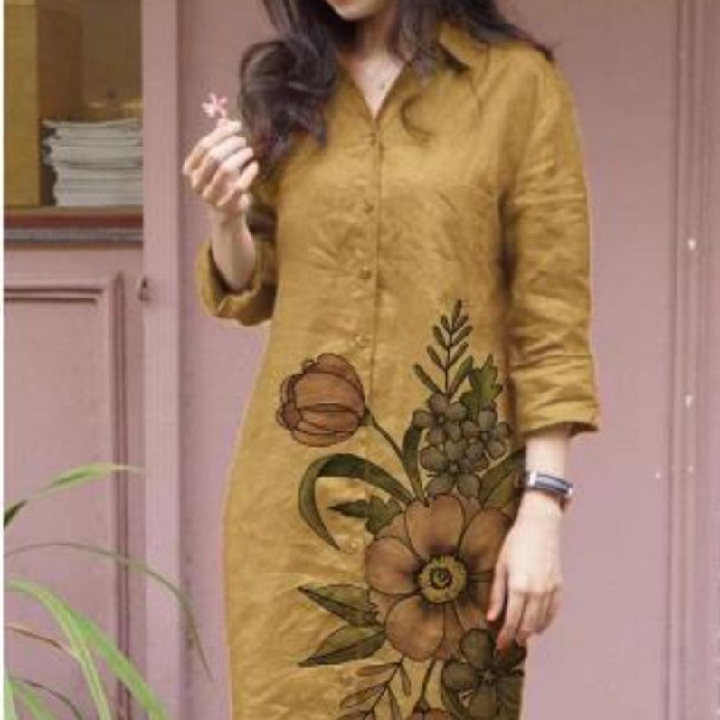 Dame afslappet skjortekjole med blomsterdesign Stilla