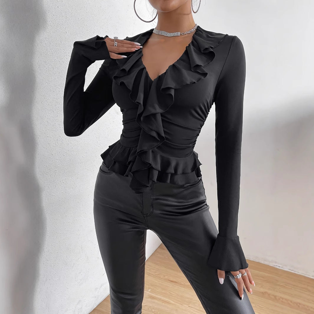 Dame elegant bluse med flydende flæsekant Stilla