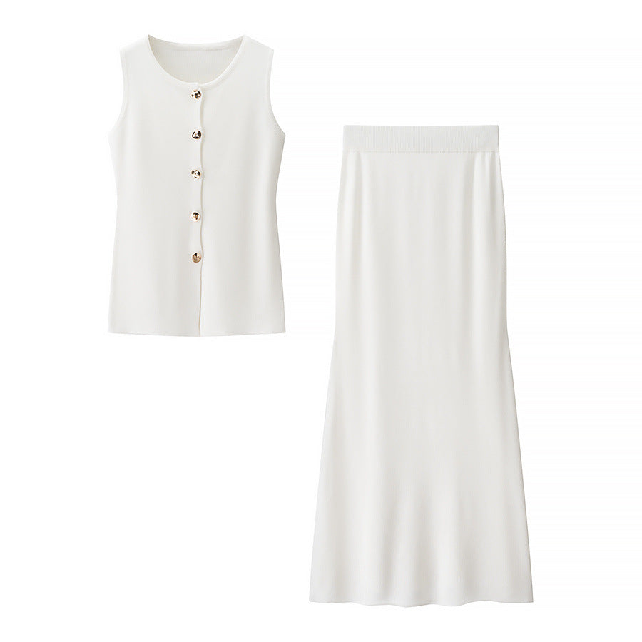 Dame Elegant 2-delt sæt med knapdetaljer og flagrende nederdel Stilla