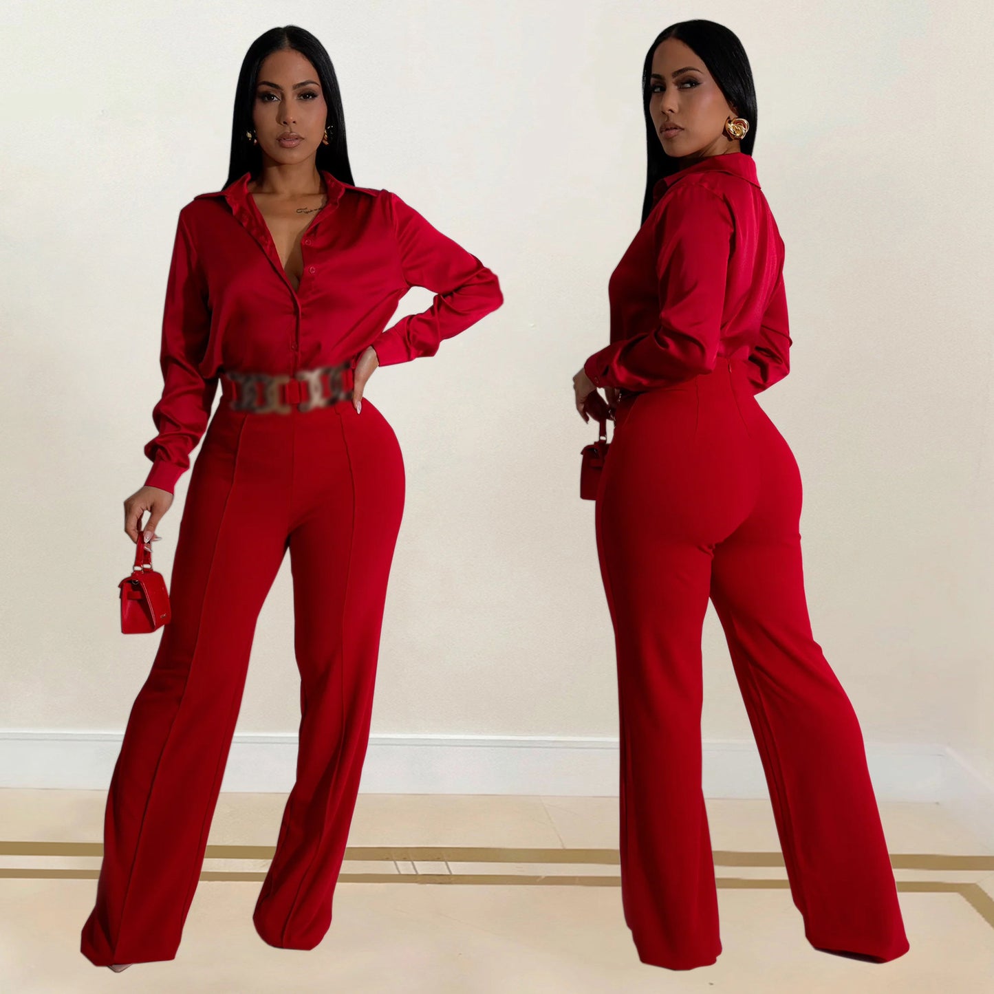 Dame Elegant bluse- og bukse-sæt med høj talje og glansfuldt finish Stilla