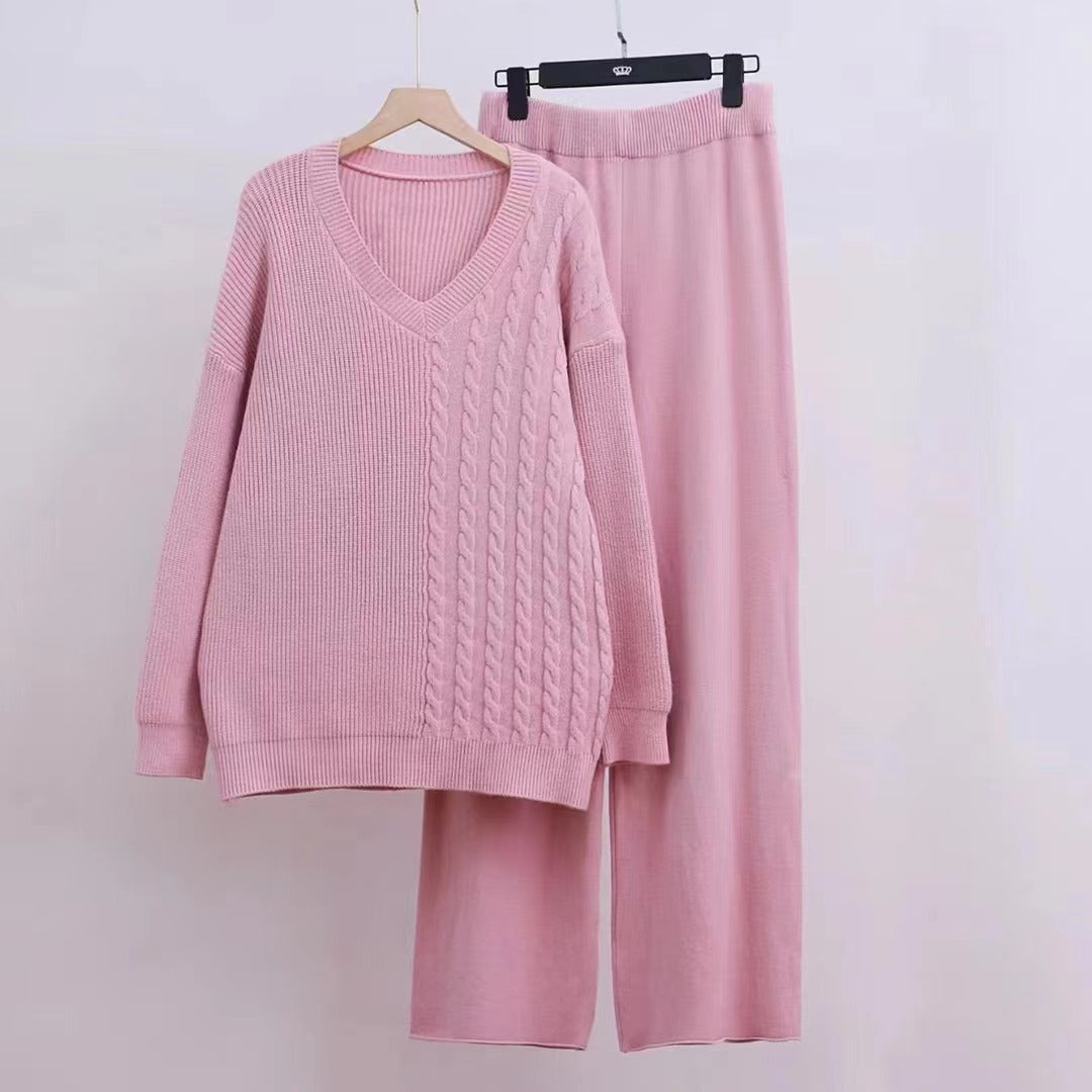 Femme Cozy V-hals Strik Loungewear Sæt Stilla