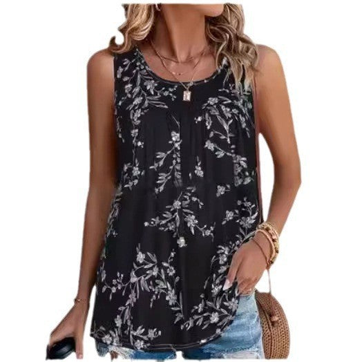 Dame afslappet blusetop med blomsterdesign og rund hals Stilla