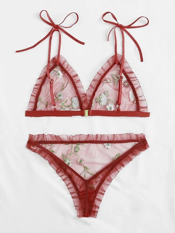 Dame broderet chiffon bralette og bikini sæt Stilla