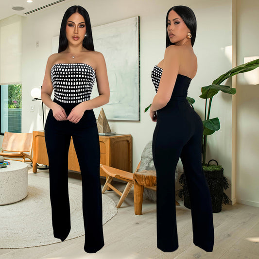 Dame Elegant og tætsiddende Jumpsuit med båndløst design og moderne ternet mønster Stilla