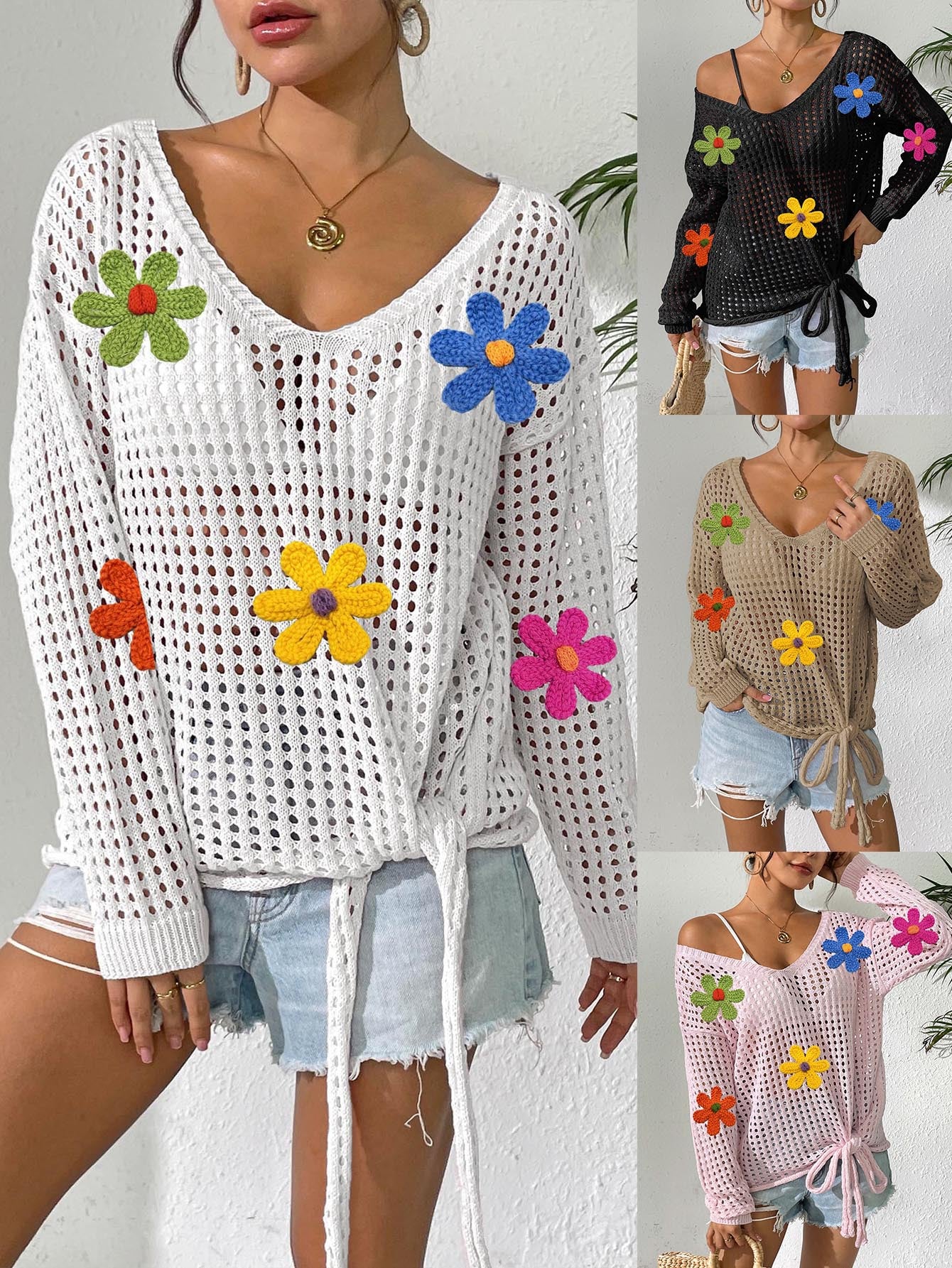 Dame Åben Vævning Floral Strikjakke Stilla