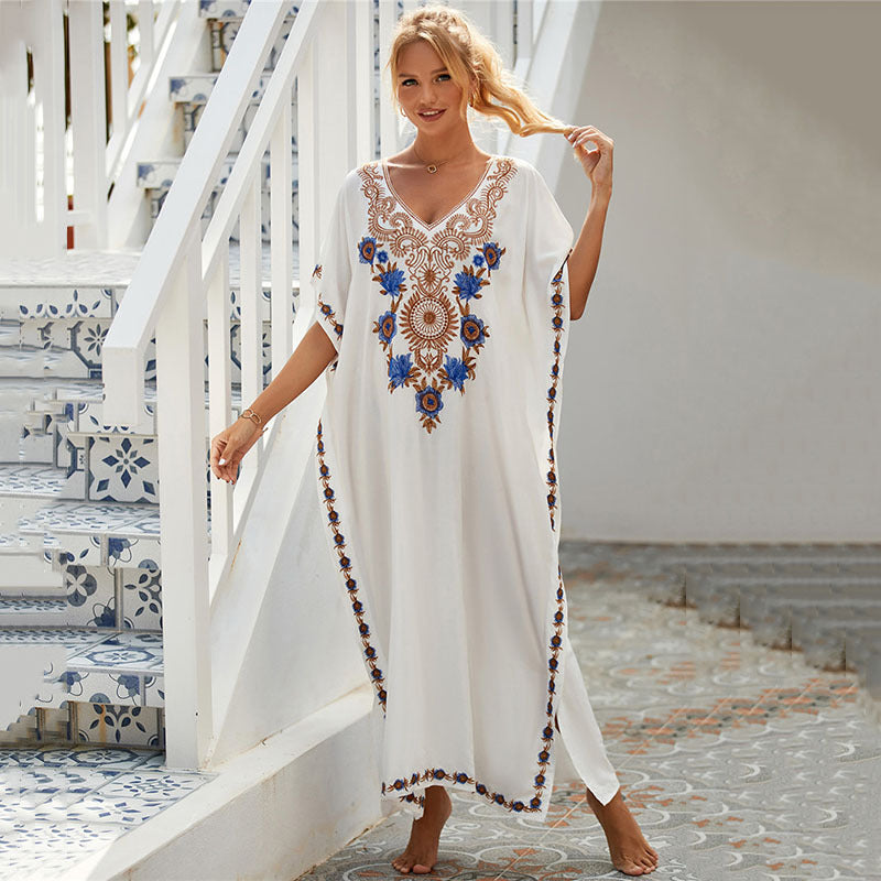 Dame elegant Kaftan med kunstnerisk floral broderi Stilla