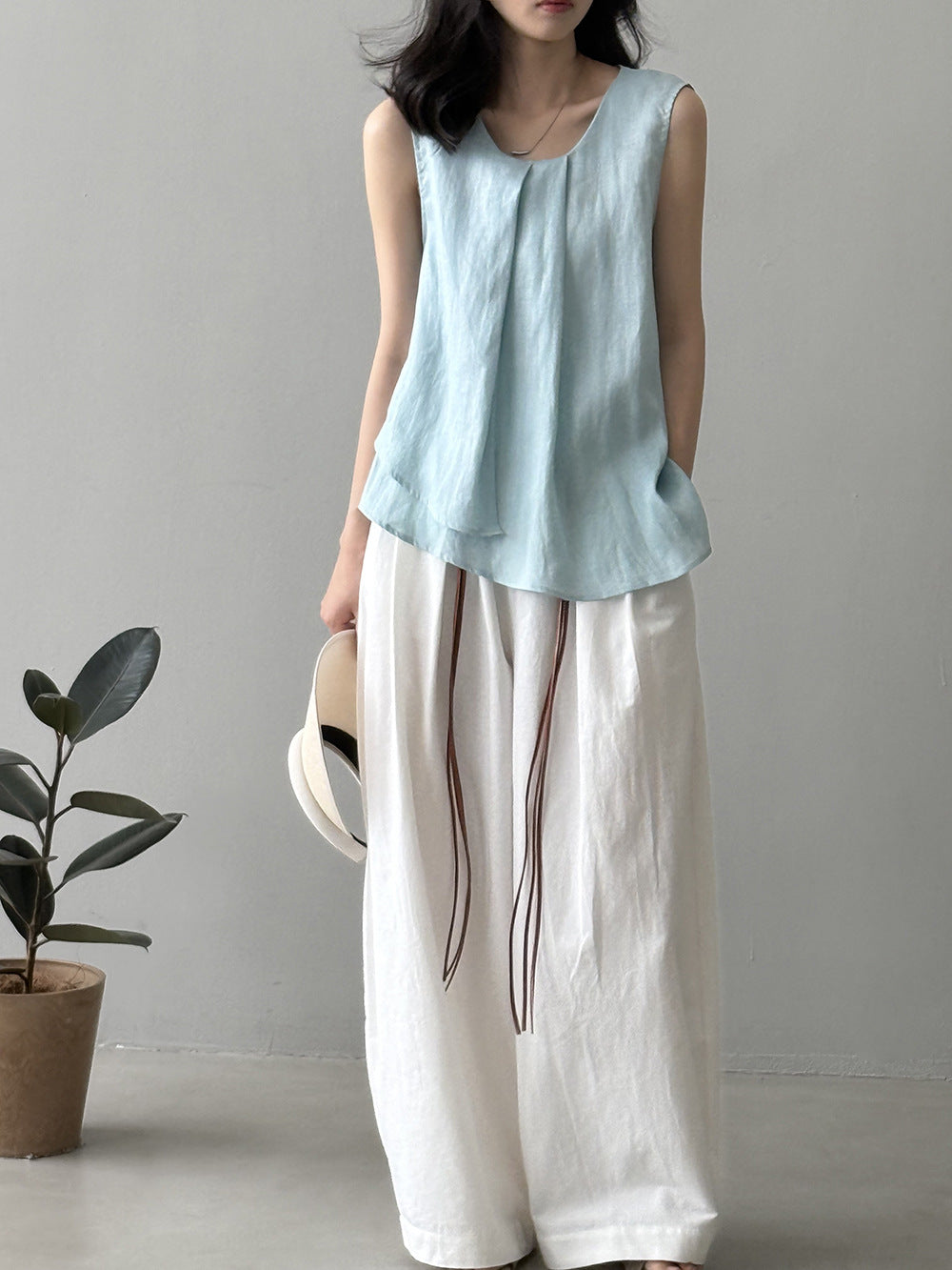 Dame afslappede linnedbukser med bred ben og justerbar talje Stilla