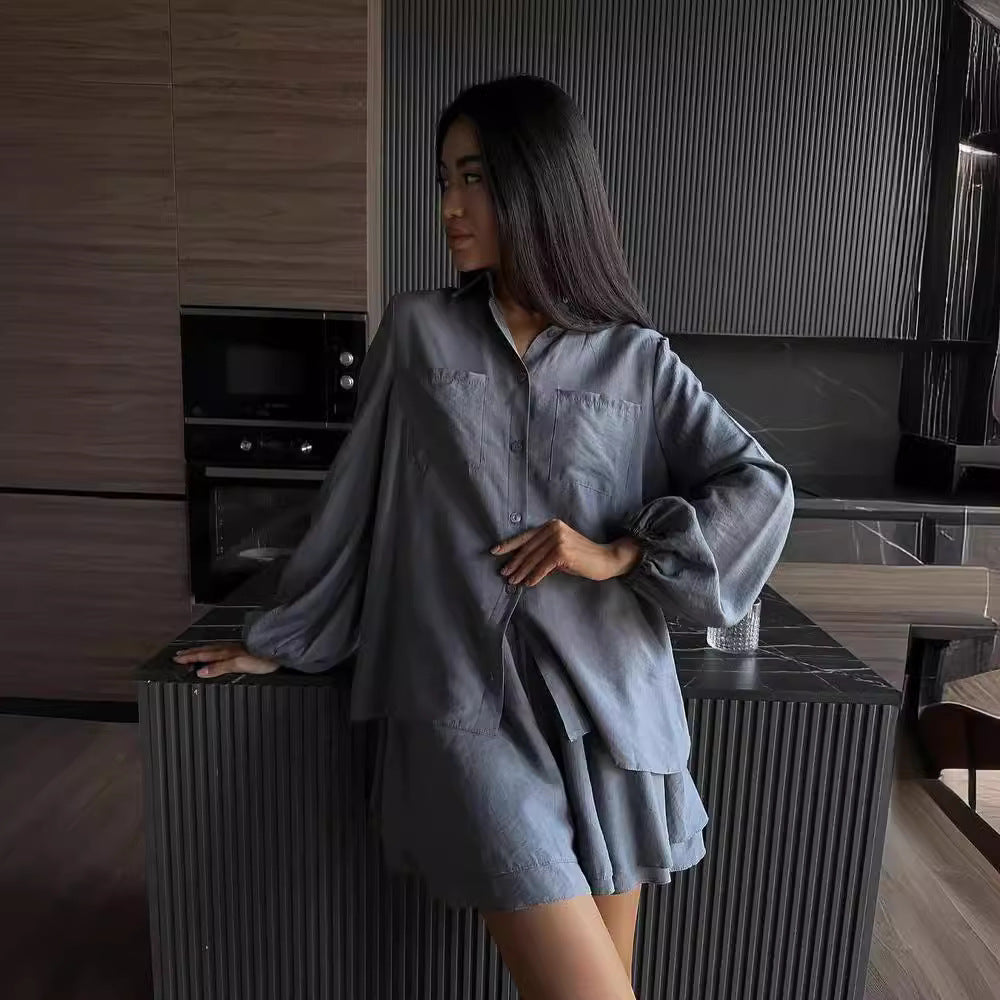 Dame afslappet kortærmet skjorte og shorts sæt Stilla