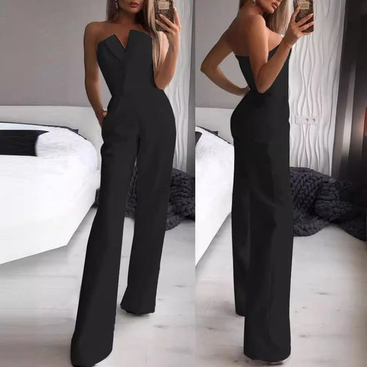 Dame Elegant Jumpsuit med tragtformet U-hals og bredt ben Stilla