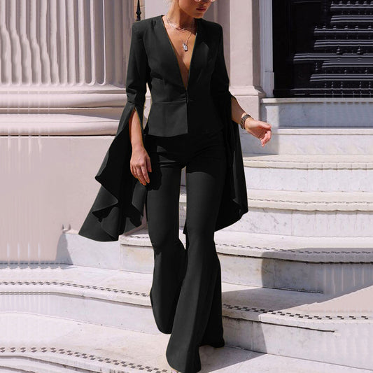 Dame Glamourøs Jumpsuit med voluminøse ærmer og dyb V-udskæring Stilla