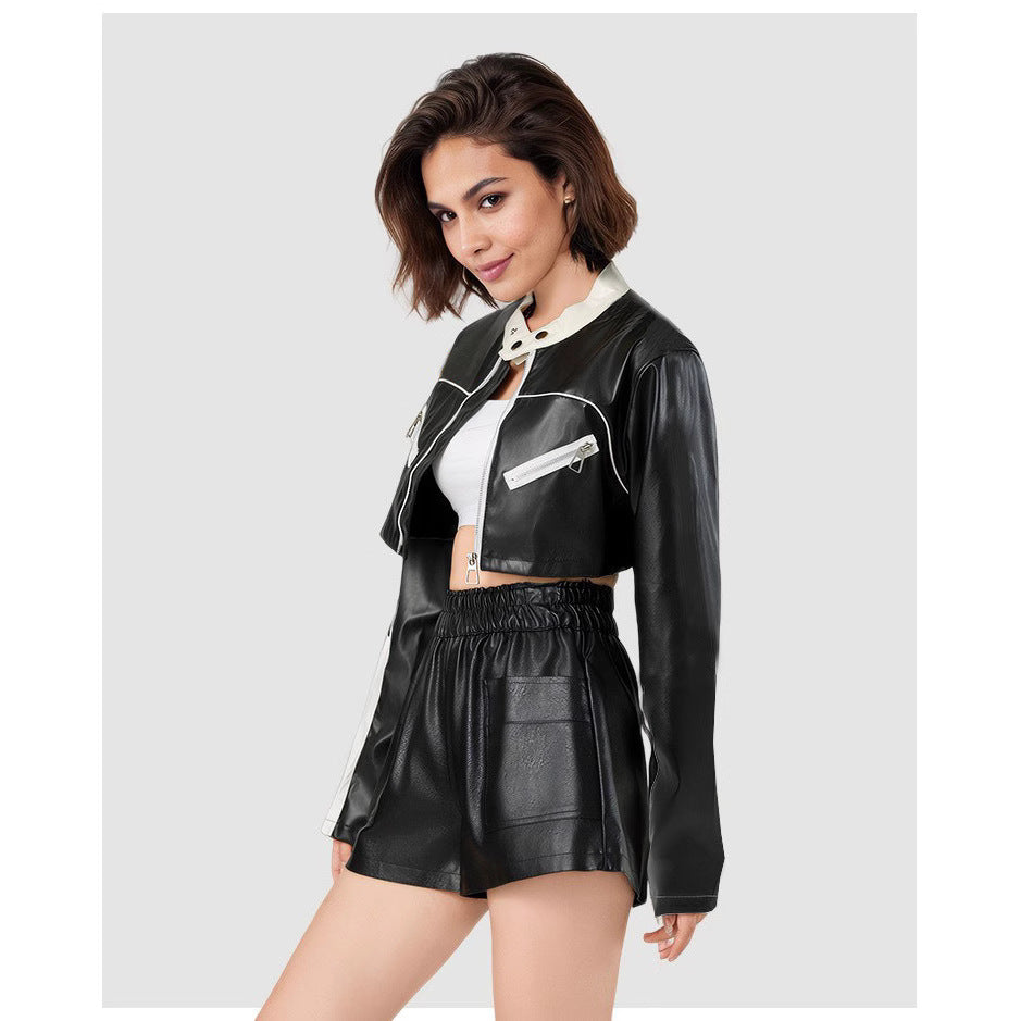 Dame cropped kunstlæderjakke med kontrasterende krave og lynlåslommer Stilla