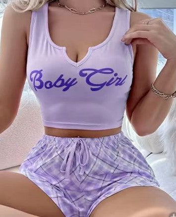 Damer afslappet crop-top og ternede shorts sæt med legende tryk Stilla