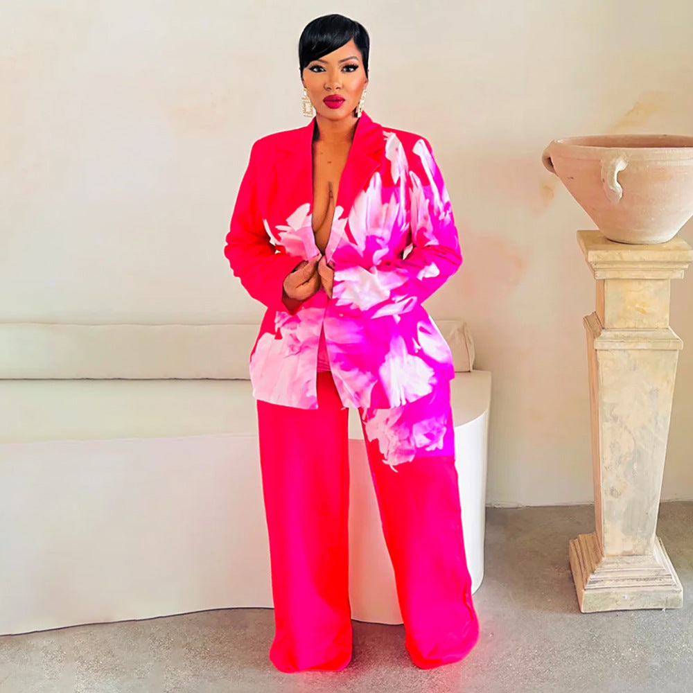 Dame elegant blazer sæt med blomsterdesign og bred buks Stilla