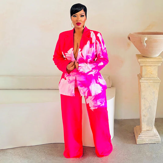 Dame elegant blazer sæt med blomsterdesign og bred buks Stilla