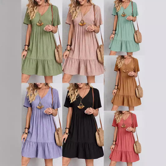 Dame afslappet minikjole med V-udskæring og flæsekanter Stilla