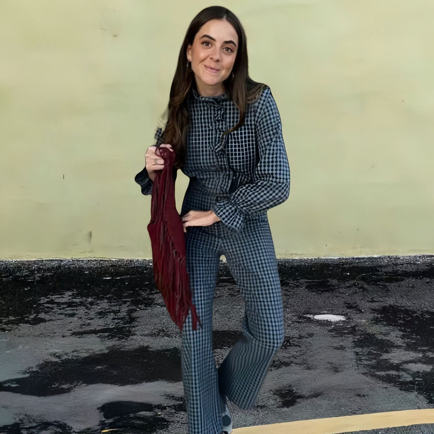 Damer Glamourøst Rutig Mønster Jumpsuit med Høj Krave og Knapfront Stilla