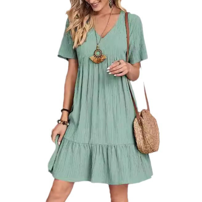 Dame afslappet minikjole med V-udskæring og flæsekanter Stilla