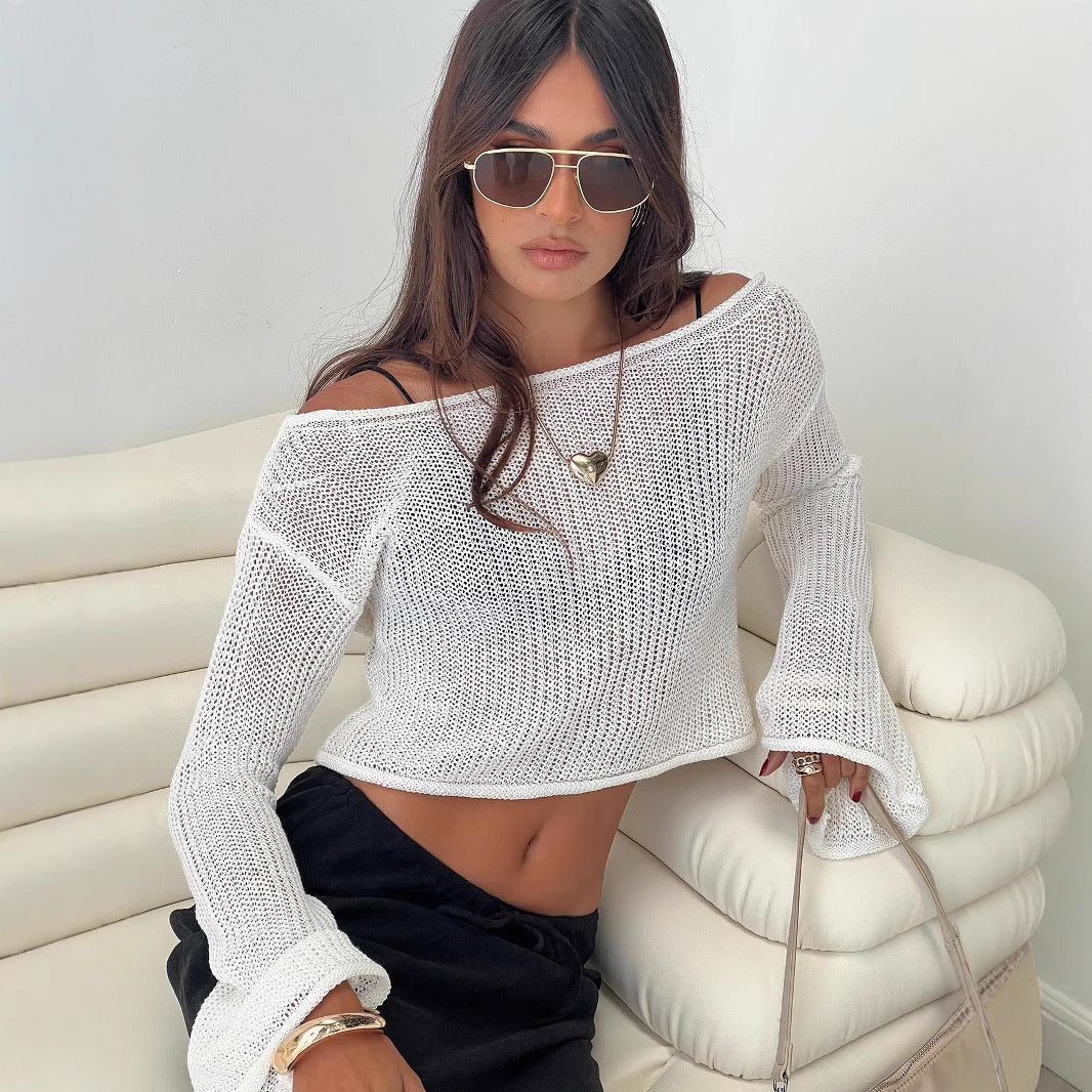 Dame afslappet cropped sweater i åbent strikdesign Stilla
