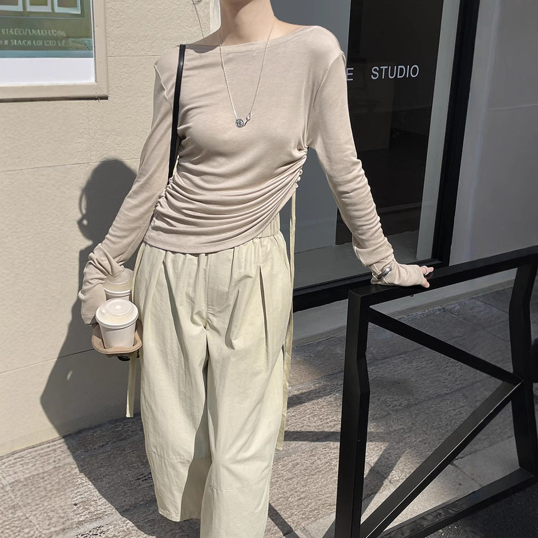 Dame afslappet langærmet bluse med rynker og bindebånd Stilla