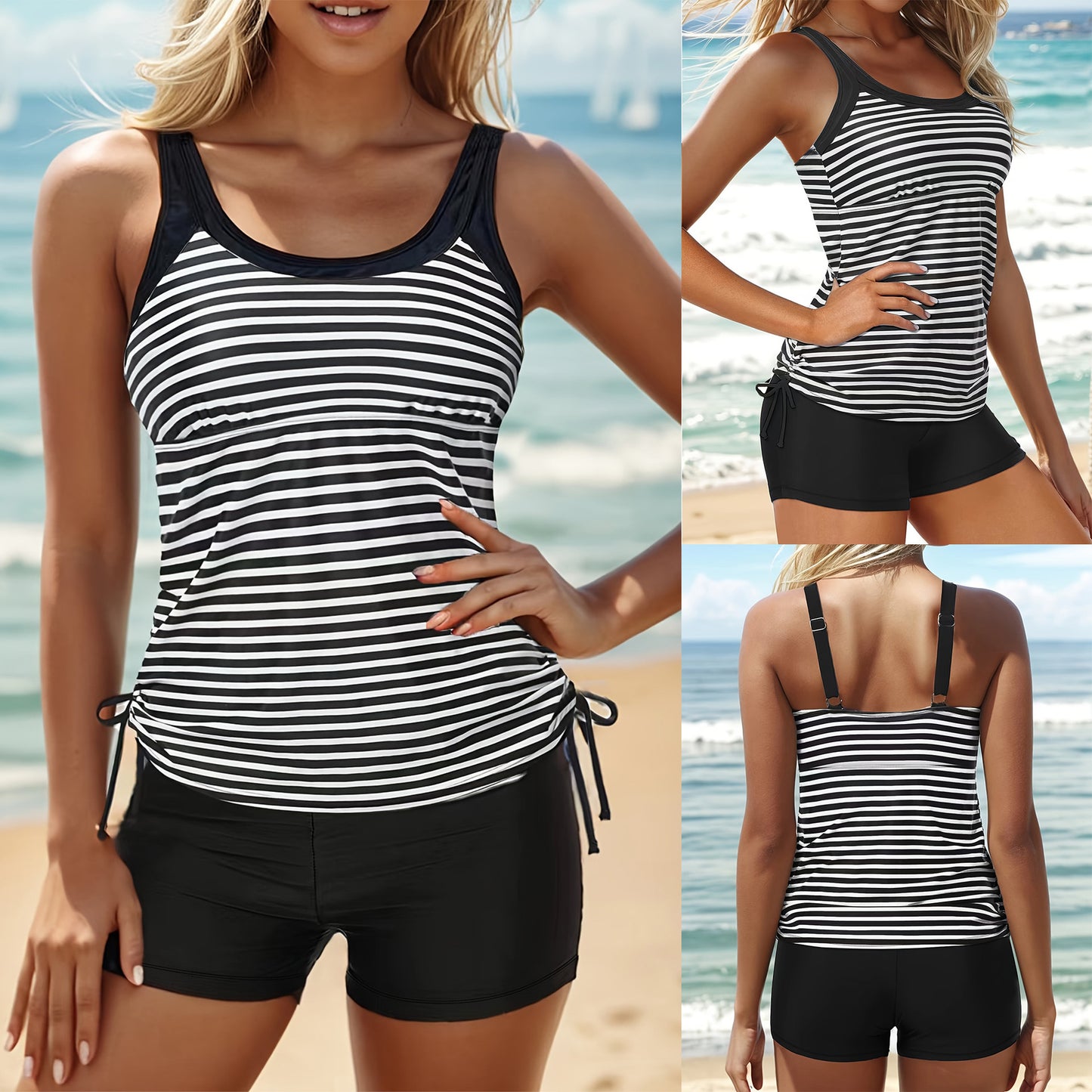 Dame Sporty Tankini-sæt med shorts og legende stribemønster Stilla