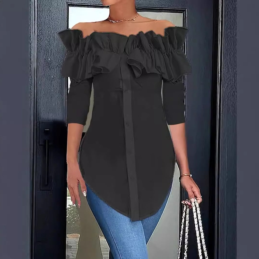 Dame Elegant Bluse med Ruffle detaljer og hjerteformet U-udskæring Stilla