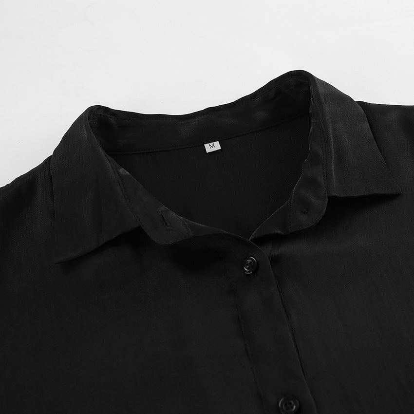 Dame elegant bluse i let, skinnende stof med klassisk krave og lange ærmer Stilla