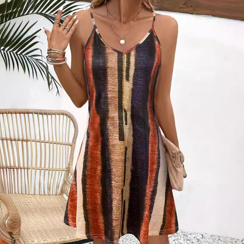 Dame A-linje kjole med V-udskæring og flerfarvet mønster Stilla