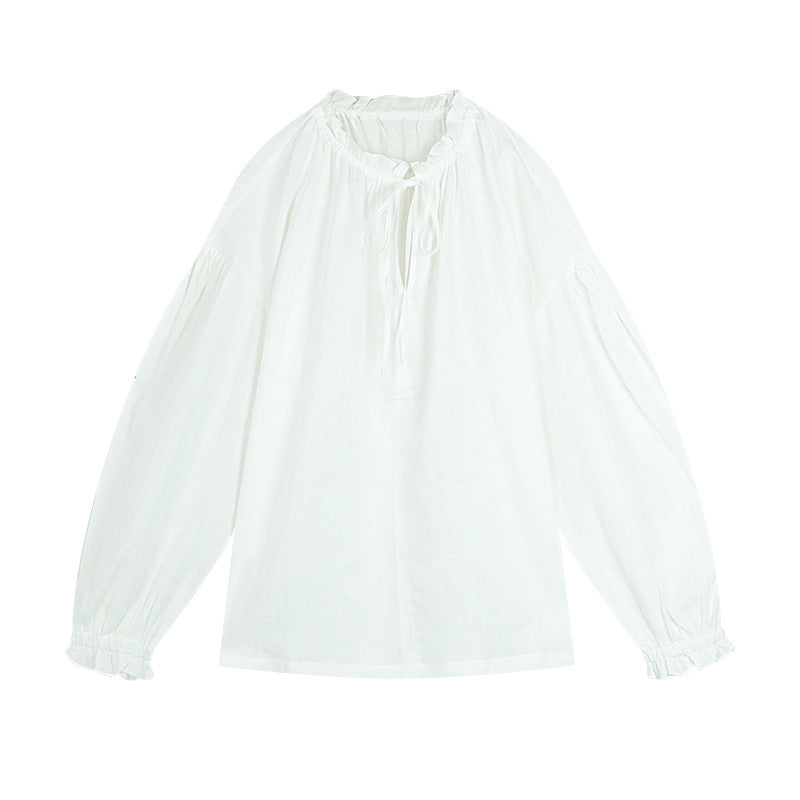 Dame afslappet bluse shirt med detaljeret snøre og puffærmer Stilla