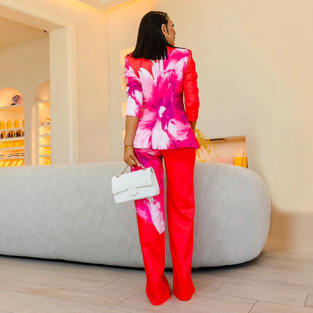 Dame elegant blazer sæt med blomsterdesign og bred buks Stilla