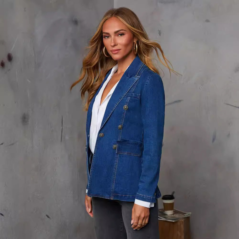 Dame Denim Blazer i elegant dobbeltknapstil Stilla