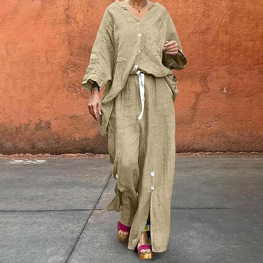 Dame afslappet linned sæt med knaplukning og løs pasform Stilla