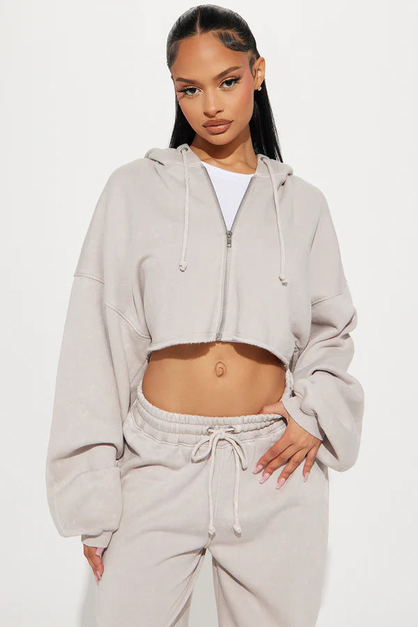Dame afslappet oversized cropped sæt med lynlås og brede ben Stilla