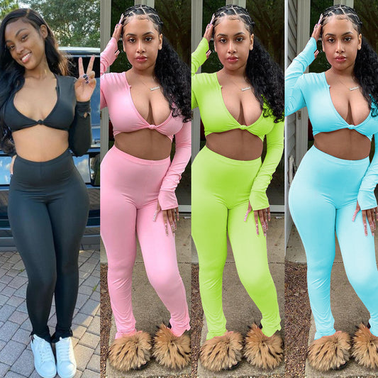Stilfuldt langærmet crop-top og leggings sæt til damer Stilla