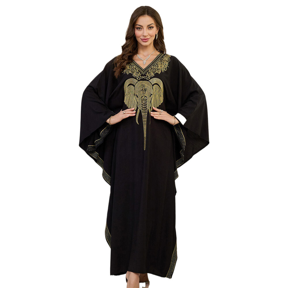 Dame Elegant Kaftan med kunstnerisk elefantbroderi og bredt svingende ærmer Stilla