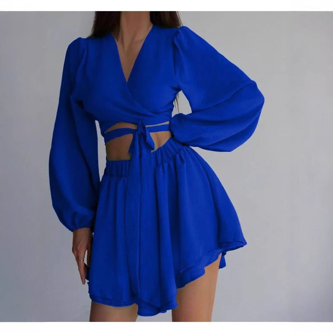 Dame Crop-Top og Nederdel Sæt med voluminøse ærmer og vikledesign Stilla