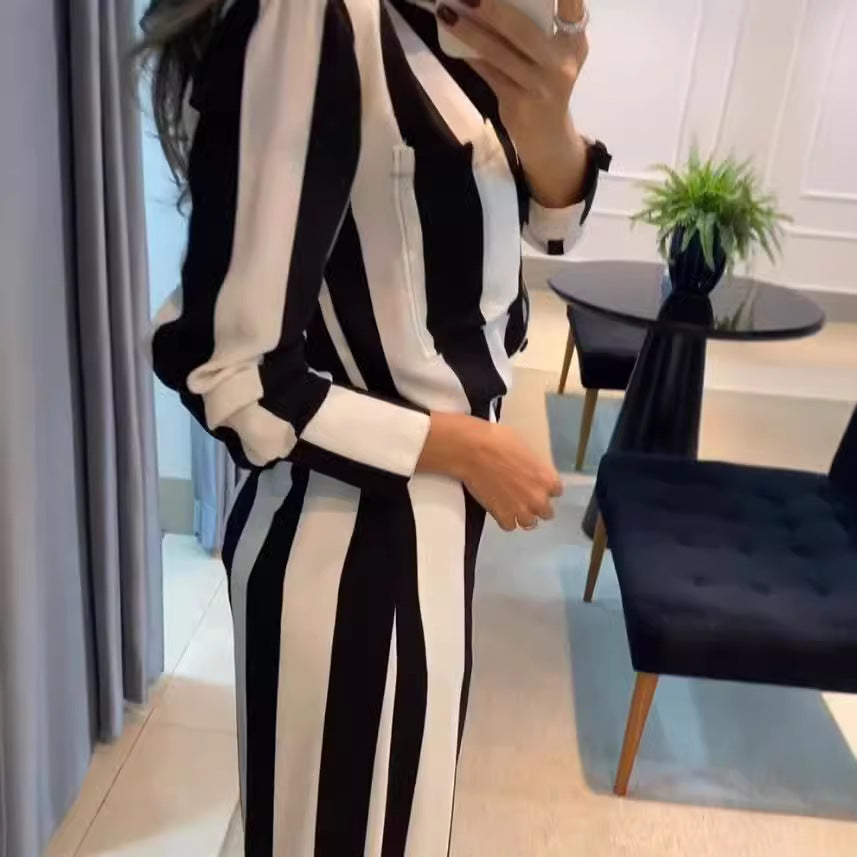 Dame Elegant Jumpsuit med brede striber og skjorte krave Stilla