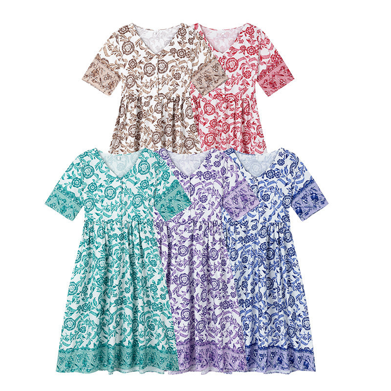 Dame Elegant Floral Trykt Kjole med V-Udskæring og Korte Ærmer Stilla