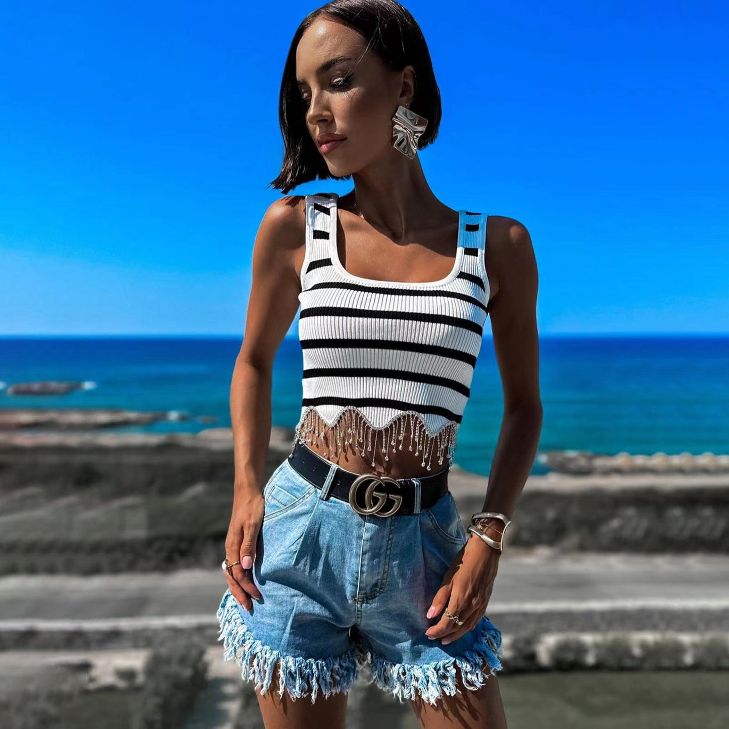 Dame Crop-Top med stribemønster og dekorative frynser Stilla