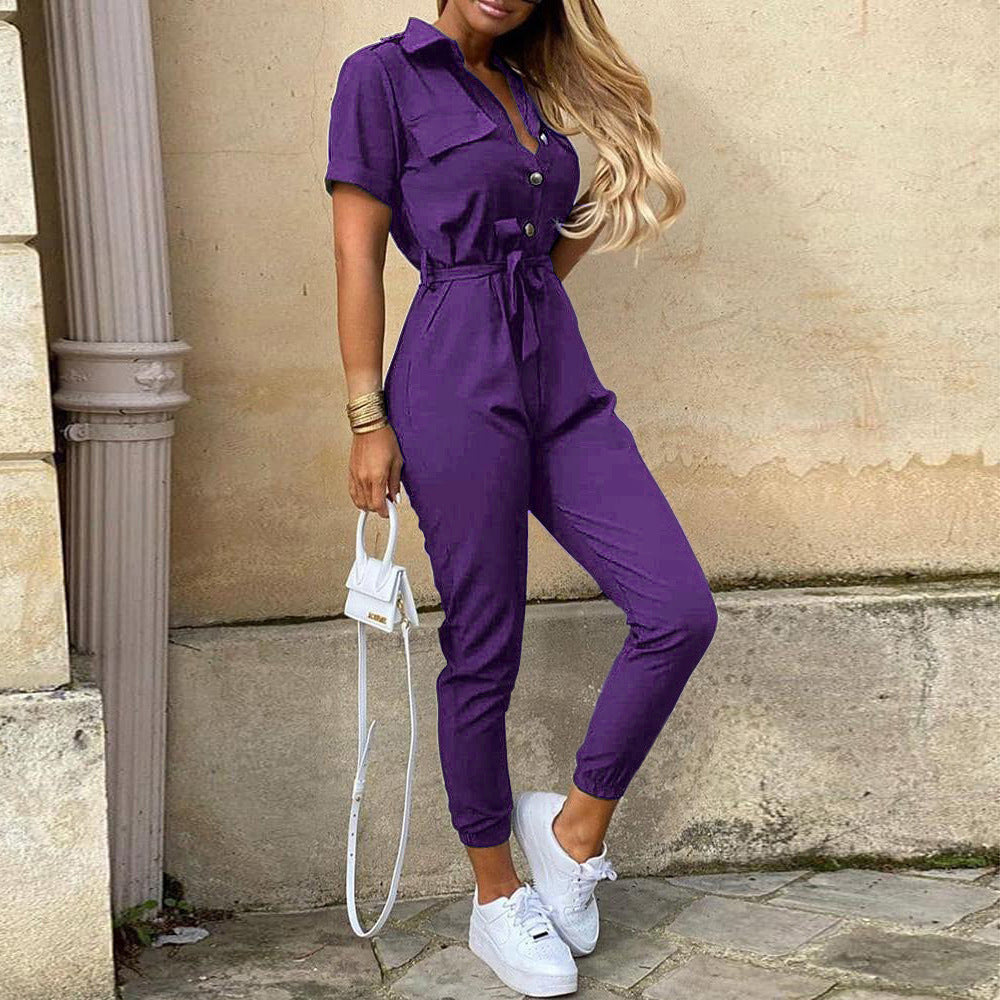 Dame moderigtig jumpsuit med praktische lommer og justerbart taljebælte Stilla