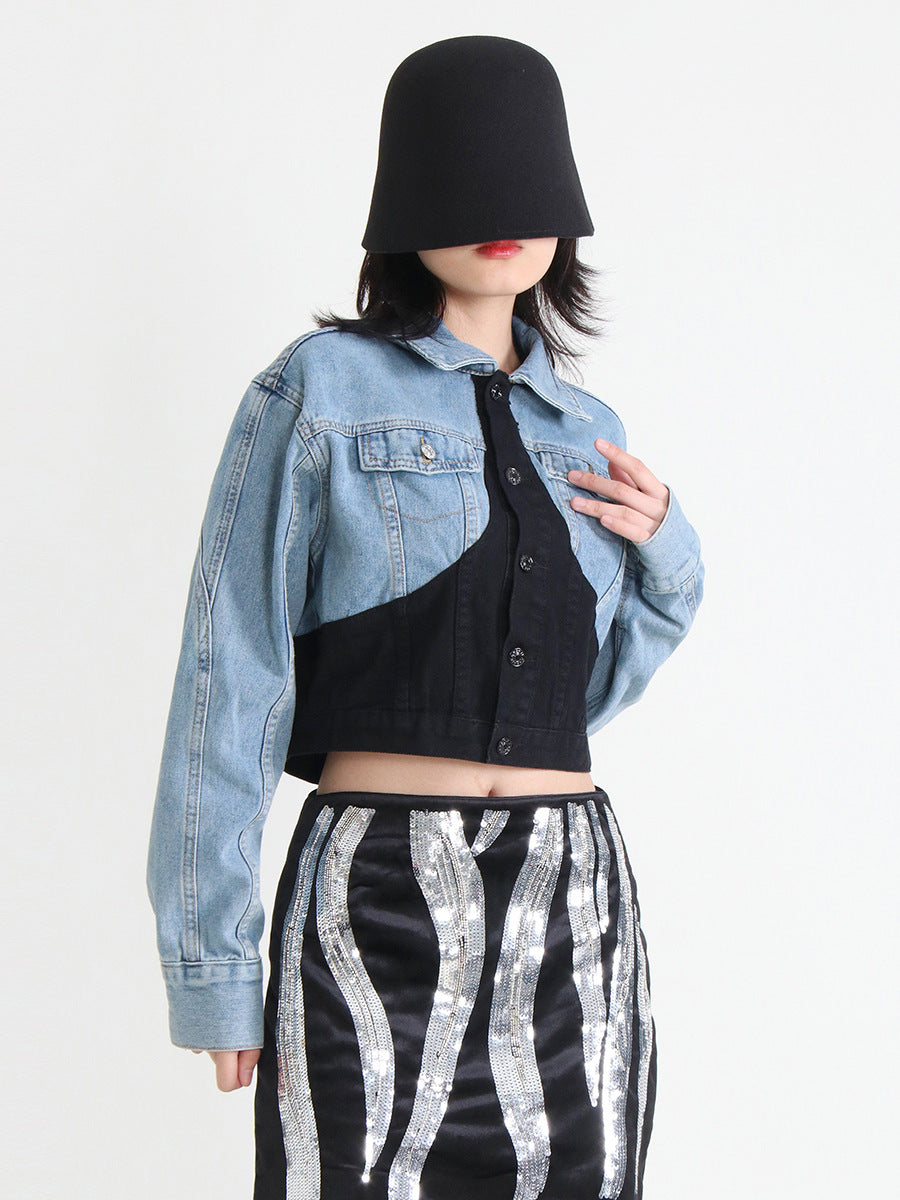 Dame cropped Jeansjakke med farvekombination Stilla