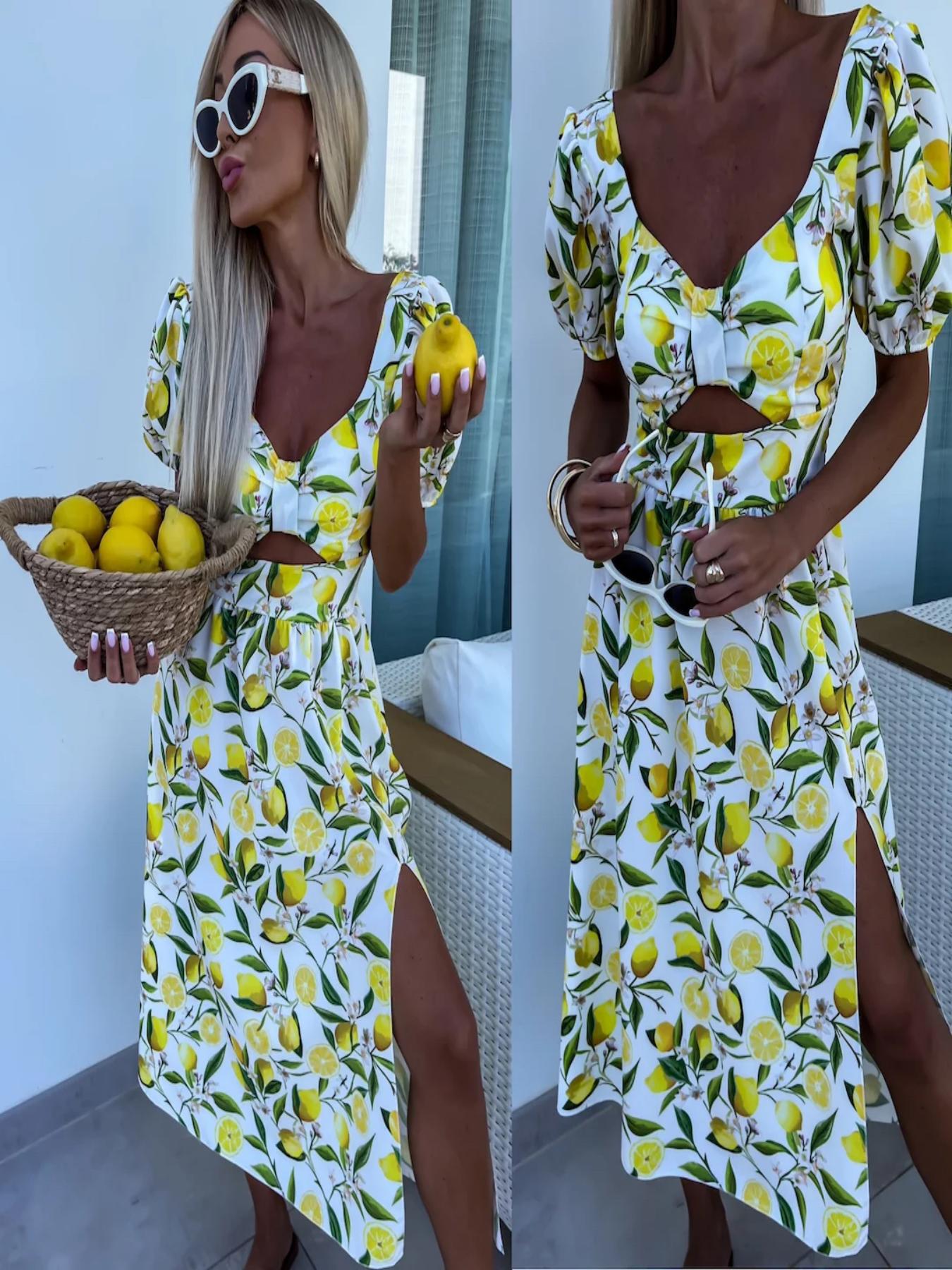 Dame Cut-Out Citron-Print Midi Kjole Stilla