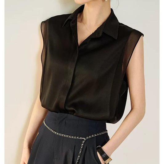 Dame elegant bluse med transparente ærmer og fin satinlook Stilla