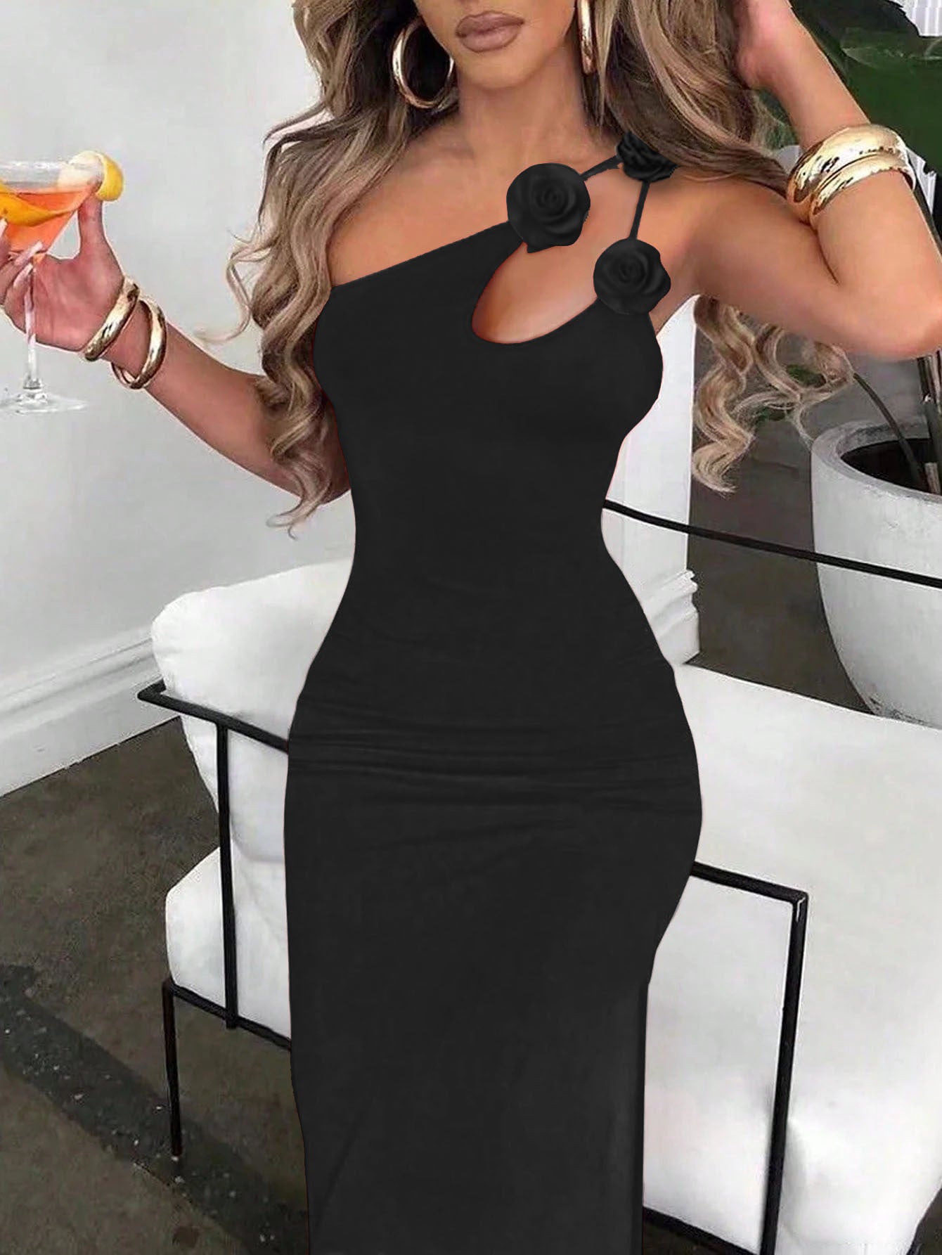 Dame elegant ét-skulder maxikjole med blomstermønster Stilla