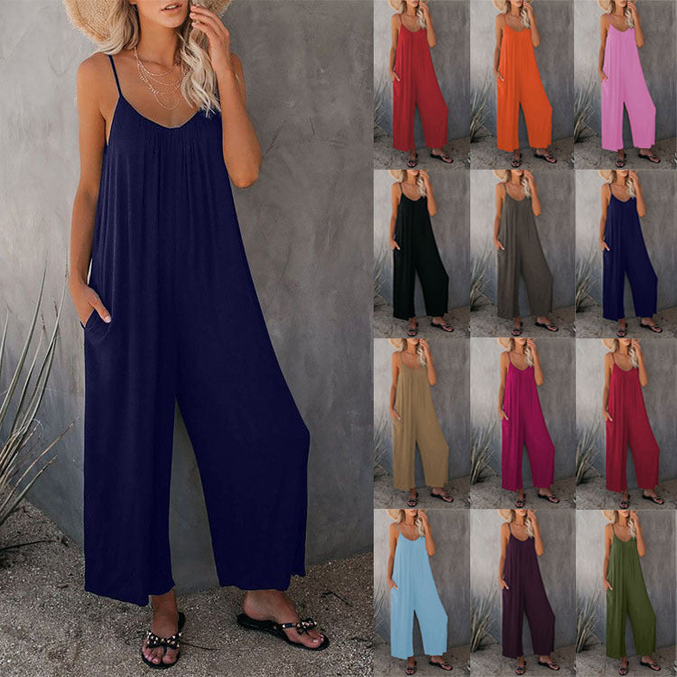 Dame afslappet maxi jumpsuit med justerbare spaghetti stropper og praktiske lommer Stilla