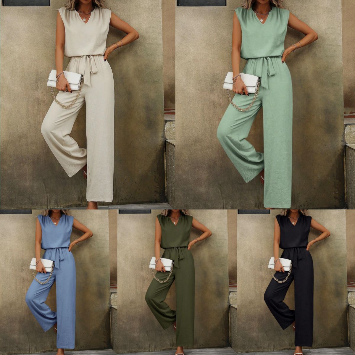 Dame Elegant Jumpsuit med vidde ben og V-udskæring Stilla