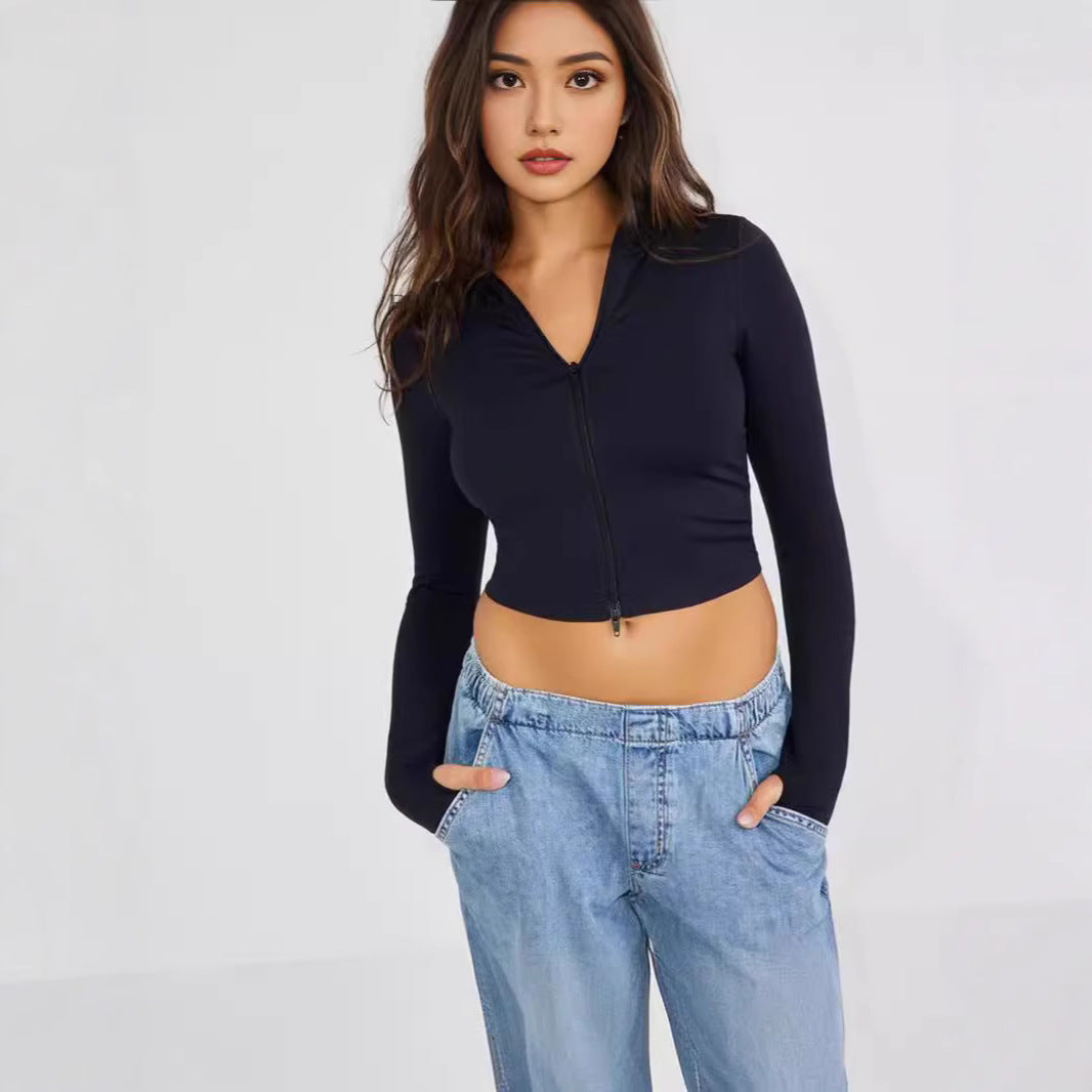 Dame Cropped Zip-langærmet skjorte med høj krave Stilla