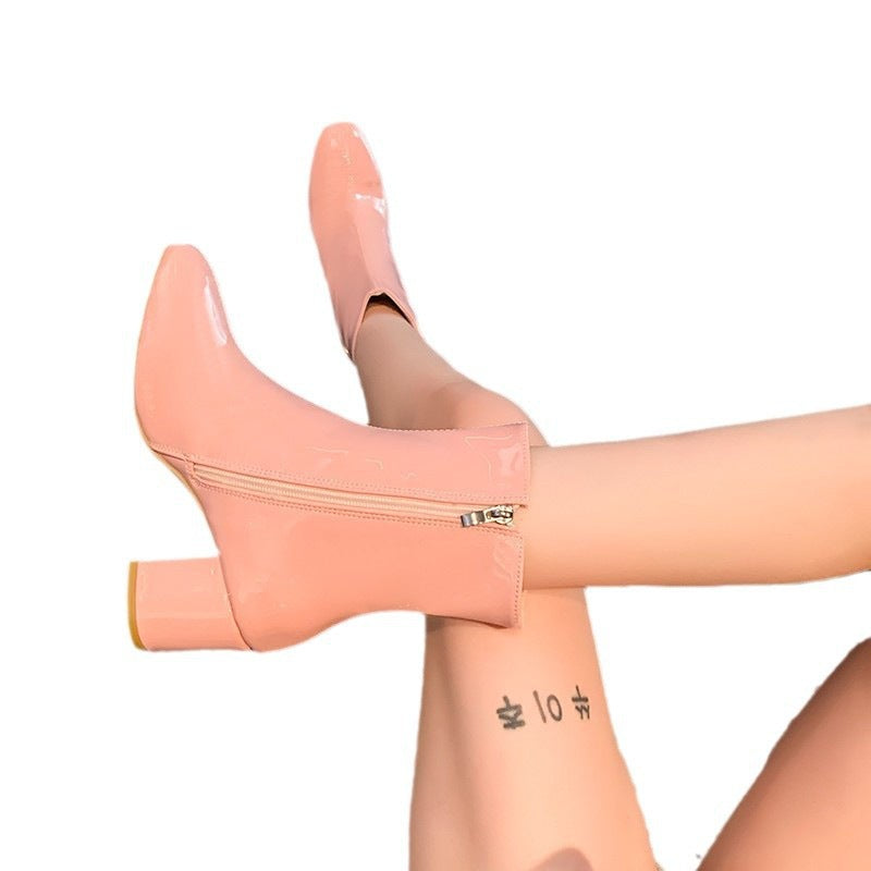 Dame Elegant Ankelstøvler med højglansoverflade og robust blokhæl Stilla