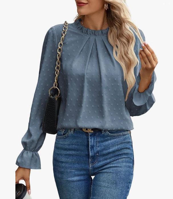 Dame elegant bluse med flæsedetaljer og prikket stof Stilla
