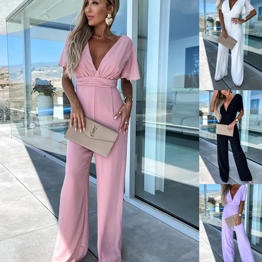 Dame Elegant Jumpsuit med dyb V-udskæring og flydende ærmer Stiila